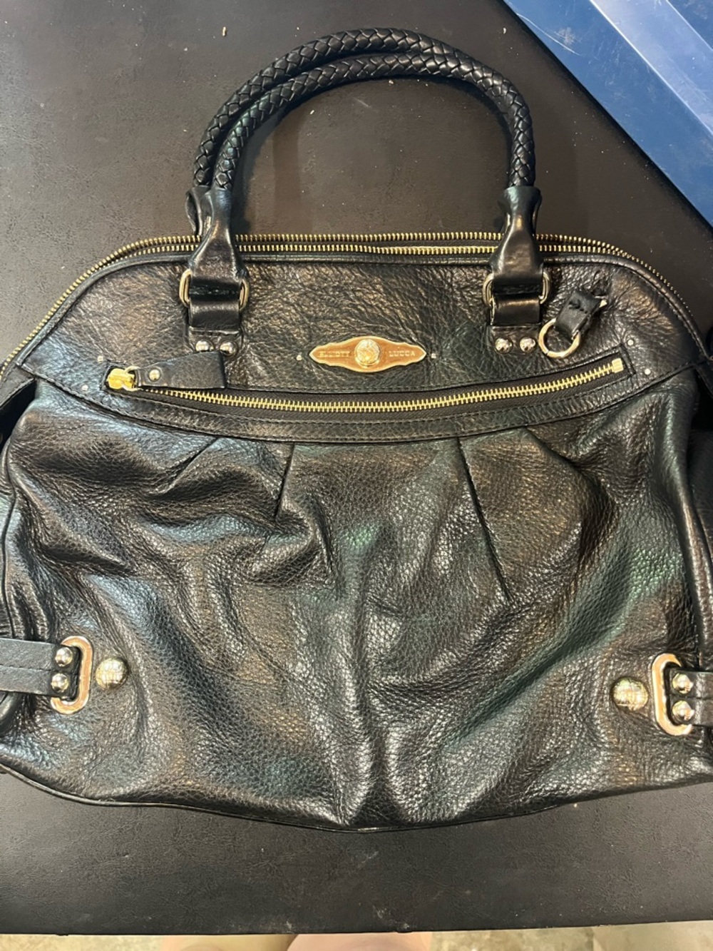 Elliot Lucca Black Women's Leather Satchel Bag with Braided Handles